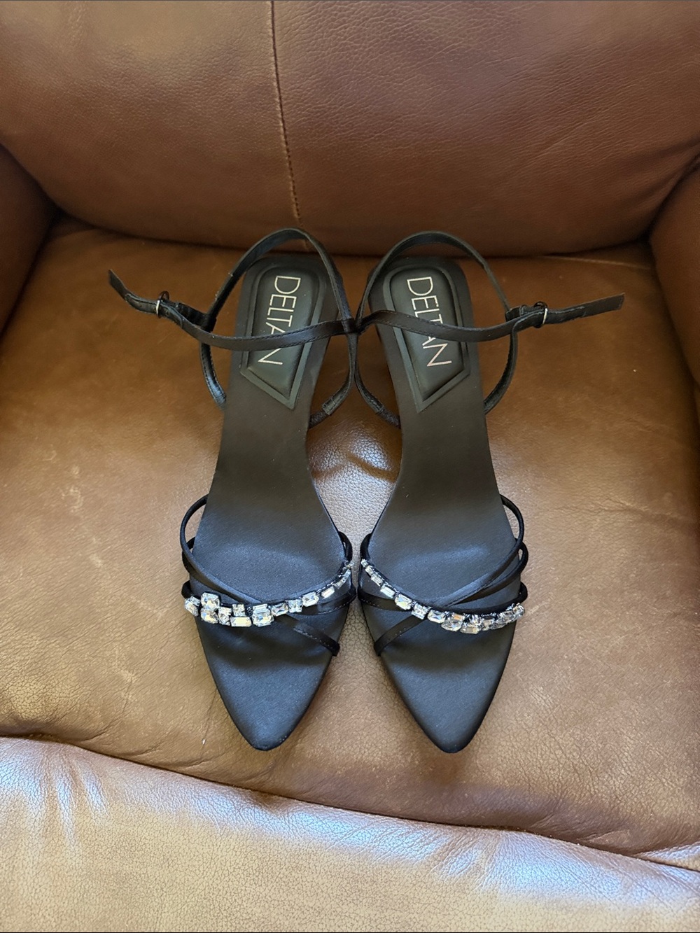 DELTAN Black Pointed Toe Ankle-Strap Heels with Crystal Band